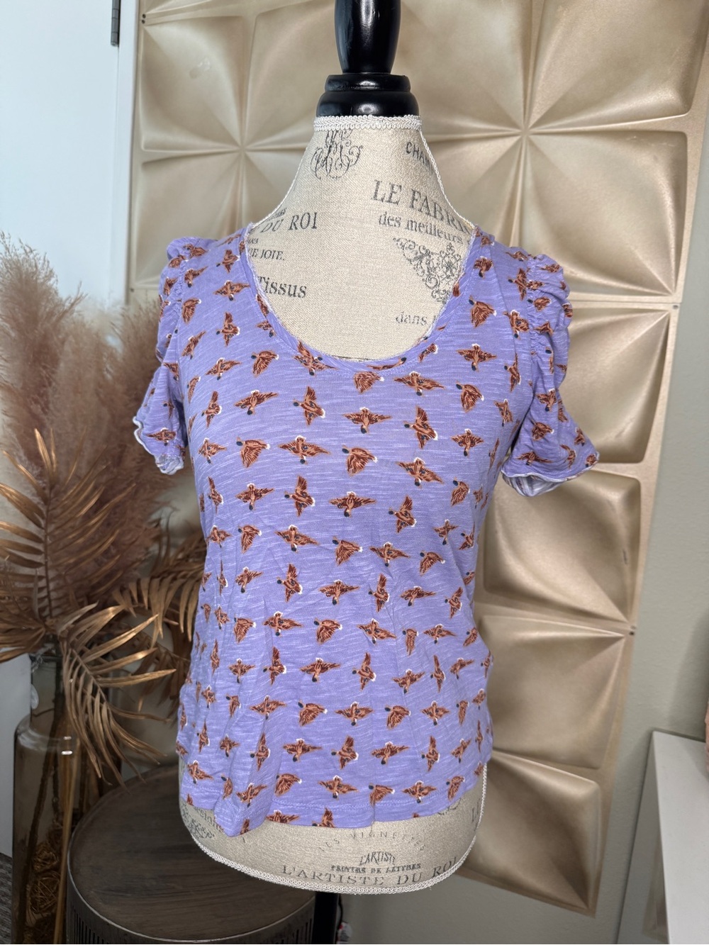 Anthropologie Lilac Short Sleeve Scoop Neck Top with Brown Floral Print